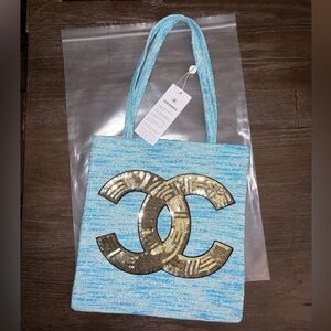 Chanel Limited Edition Light Blue & Gold Shimmer Tote with Gold Signature Emblem
